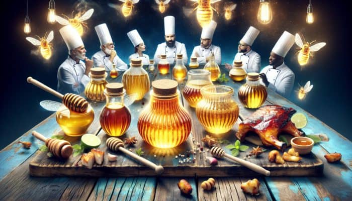 Jars of flavored honey on a rustic table featuring BBQ glazed ribs, chicken, and vegetables, with expert chefs discussing.
