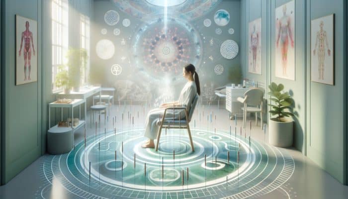 A woman receiving acupuncture in a serene UK fertility clinic, surrounded by calming colours and traditional Chinese symbols.