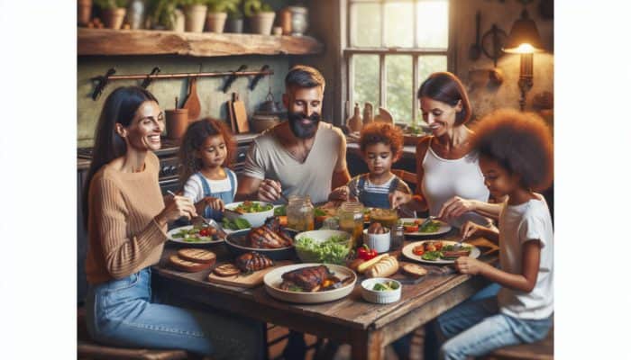 Family enjoying a paleo-friendly dinner of grilled meats, roasted vegetables, and salads at a rustic table.