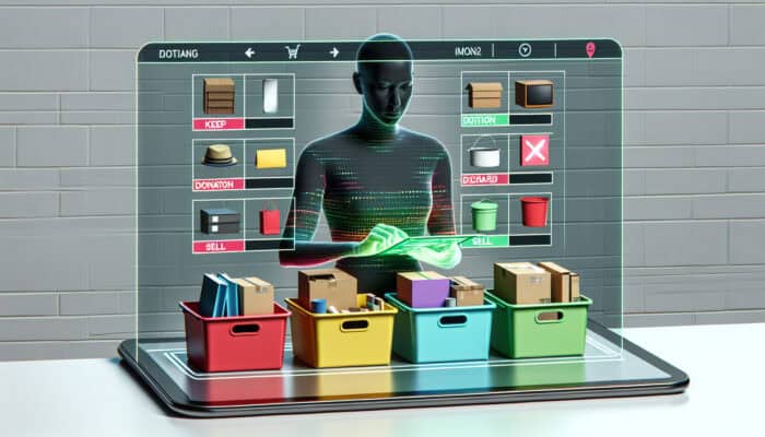 Person organizing house clearance with labelled boxes and digital inventory app on tablet.