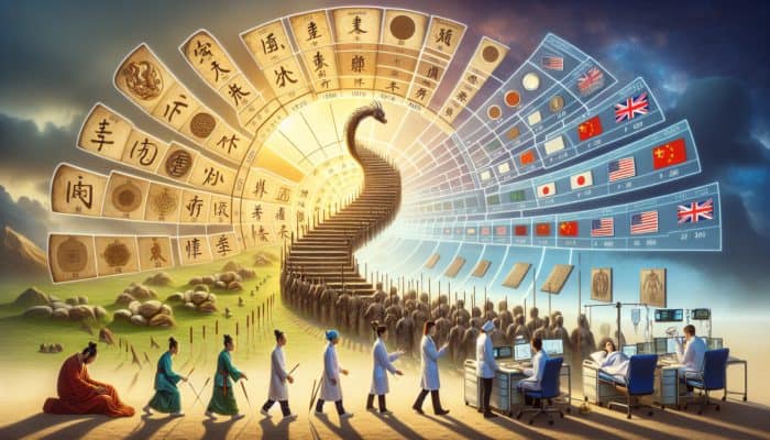 Historical tapestry showcasing acupuncture's development in the UK, tracing from Roman times to contemporary healthcare.