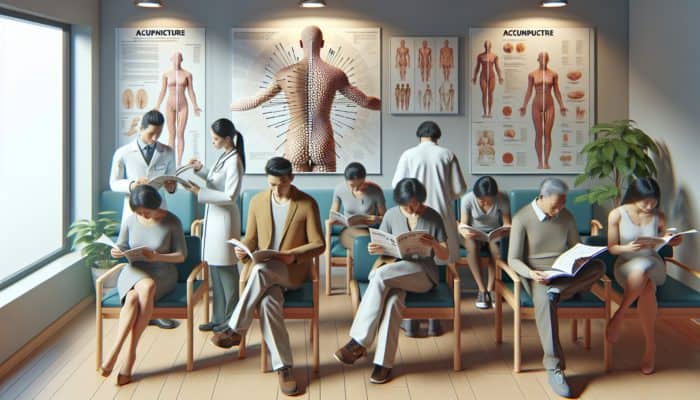 NHS clinic waiting room where patients are learning about the integration of acupuncture into modern medical practices.