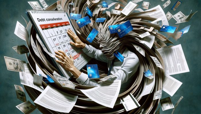 Who Qualifies for Debt Consolidation Loans: UK Guide | DCL A person surrounded by spiraling credit cards and loan documents, with a calendar showing extended repayment terms in the background.