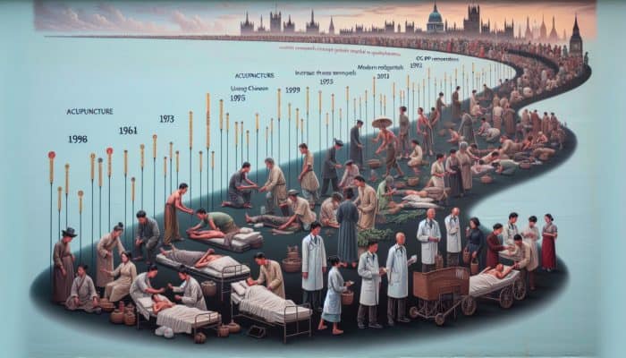 A timeline illustrating acupuncture's evolution in the UK, highlighting its transition from ancient Chinese roots to modern healthcare integration, showcasing both traditional and contemporary treatments and a rise in GP referrals.