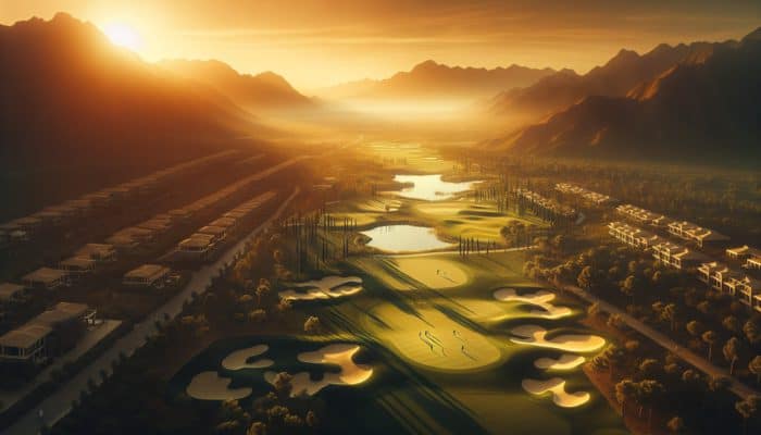 Aerial view of Durbanville Golf Club at sunset with expert golfers analyzing the course.