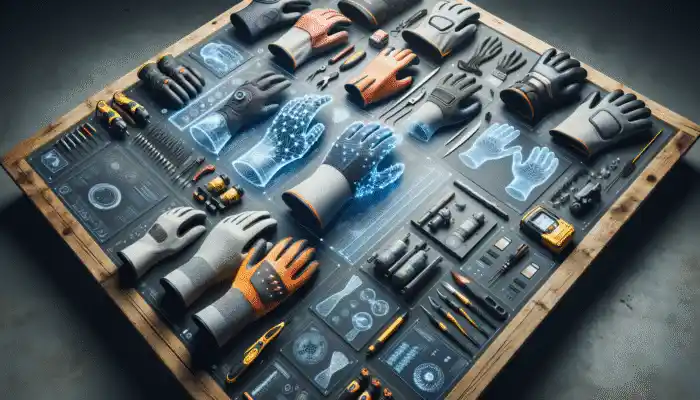 A diverse collection of safety gloves displayed on a workbench, designed for different industries.