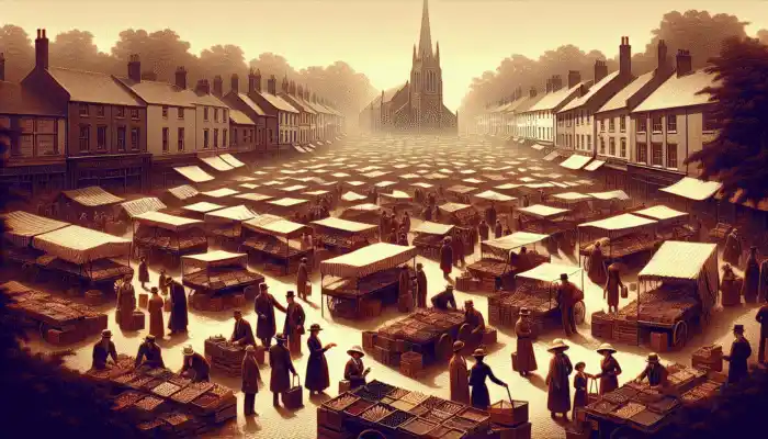 Market scene in High Wycombe with stalls selling vinyl gloves, diverse shoppers, and historic buildings.