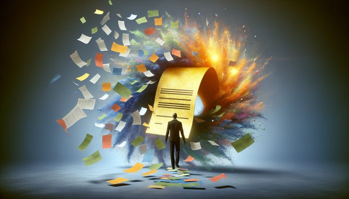 Debt Consolidation Loans With Low Fees: UK Guide | DCL A person merges multiple colourful debt papers into one glowing loan document, symbolising debt consolidation.