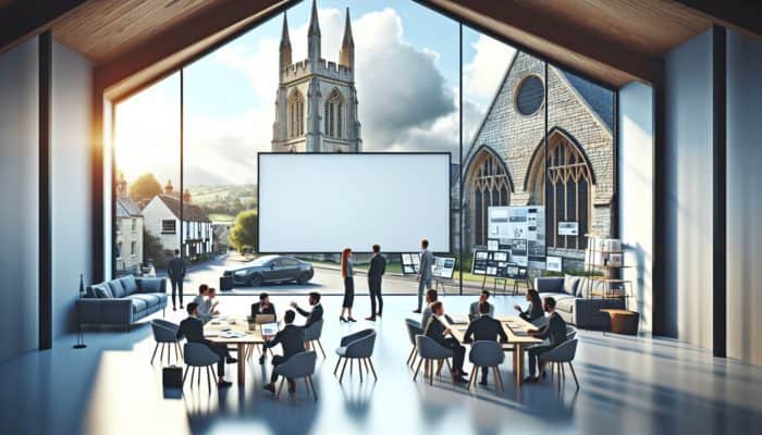 Contemporary WordPress design studio in Glastonbury, showcasing professionals collaborating around a large screen against a backdrop of historic architecture.