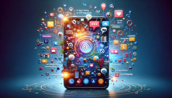 A smartphone displaying a local blog filled with images, videos, social media buttons, and an active comments section, optimized for SEO.