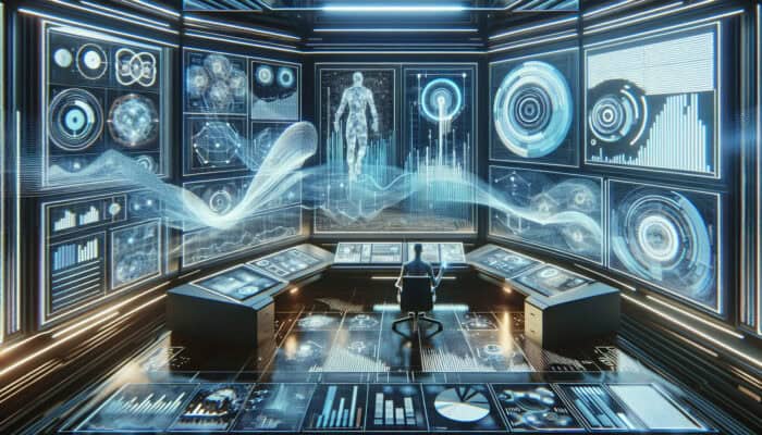 A futuristic control room featuring a virtual assistant analyzing data visualizations and strategic planning charts.