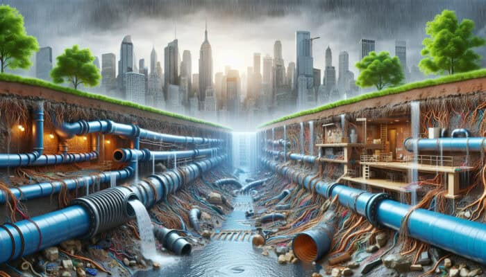 Detailed illustration of the Port Moody sewer system highlighting issues such as root intrusion, corrosion, blockages, cracks, sagging, and improper installations during heavy rain.