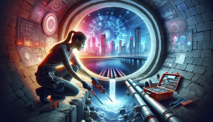 A skilled plumber working in a neon-lit sewer tunnel in Port Moody, repairing a pipe with advanced tools, while the city skyline is visible in the background.