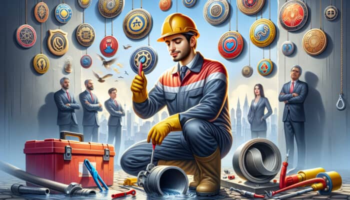 A sewer repair technician in Port Moody inspecting a damaged pipe, equipped with tools and professional certification badges.