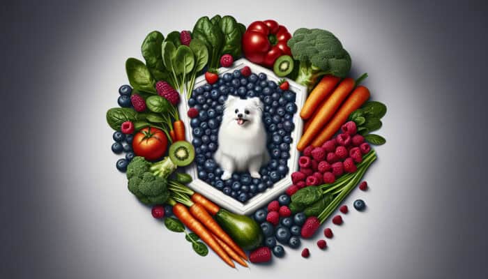 A vibrant shield of antioxidant-rich fruits and vegetables protecting a healthy, glowing pet.