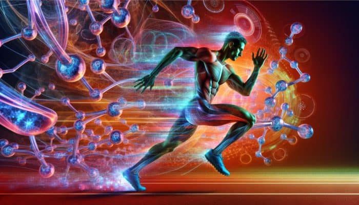 A track athlete sprinting, surrounded by BCAA molecules, with expert graphs in the background.