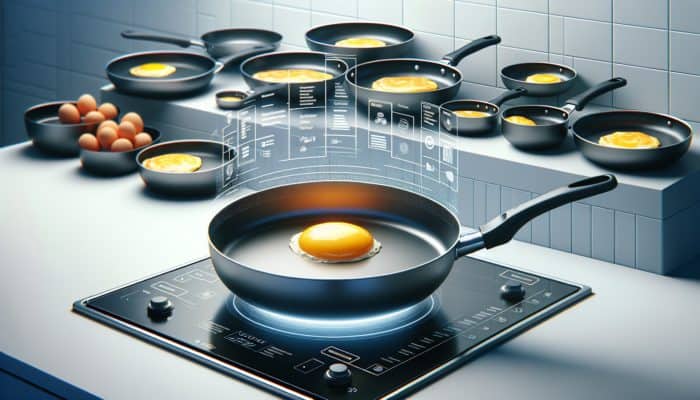 Secrets to a Perfect Omelette Flip: Non-stick pan with sloped sides flipping a golden omelette on a stove in a modern kitchen.