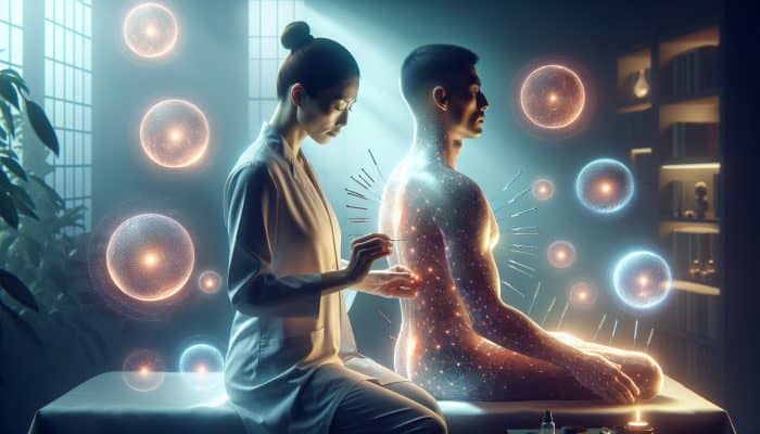 A peaceful acupuncture session with glowing orbs representing enhanced energy and expert guidance.