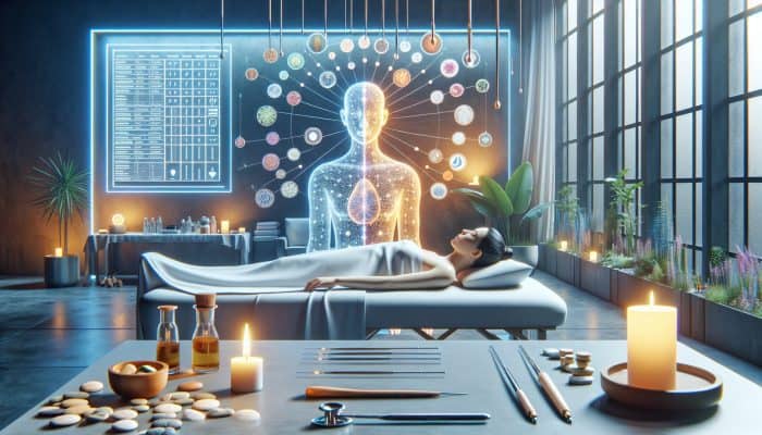 A tranquil acupuncture session featuring herbal medicine, mindfulness, and modern technology in a serene holistic clinic.