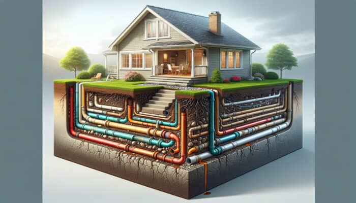 Weeping Tile Services in Coquitlam: Cross-section of weeping tile system with clogs, cracks, improper installation, and root intrusion in a backyard.