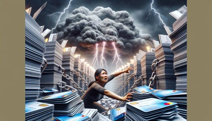 How a Consolidation Loan Saved My Finances: UK Success Story | DCL How a Consolidation Loan Saved My Finances: Person overwhelmed by towering credit card and loan stacks, struggling with high interest and late fees.