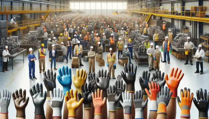 Infographic of PVC work gloves, showcasing logos of top Newport suppliers and an industrial setting with workers.