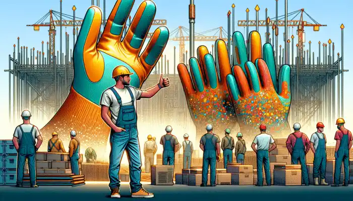 Construction site in Newport featuring workers wearing high-quality PVC gloves from a local supplier, with a customer giving a thumbs-up.