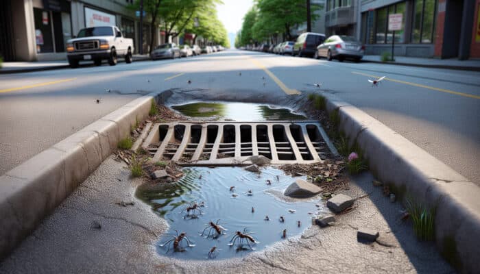 Catch Basin Drainage Services in North Vancouver: North Vancouver street illustrating a clogged catch basin with slow drainage, standing water, debris, and mosquitoes.
