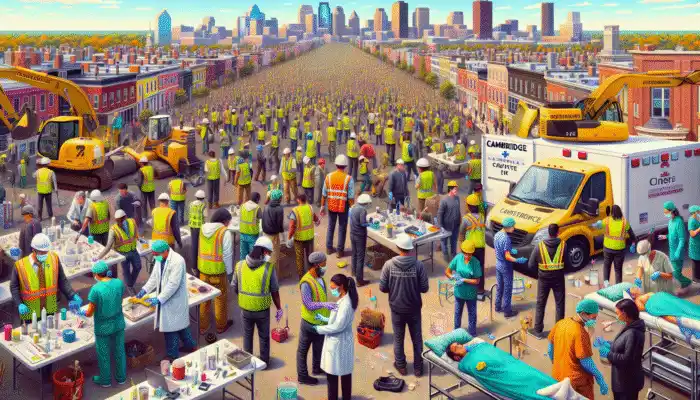 Safety Gloves Supplier In Cambridge: A Cambridge cityscape with workers using specialized safety gloves for construction and healthcare tasks.