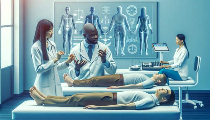 A modern acupuncture clinic where experts discuss weight loss benefits, patients receiving treatment, and efficacy charts.