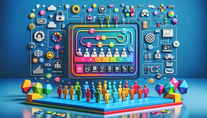 A vibrant digital interface with a leaderboard, rewards, and hosts in playful competitions, enhancing loyalty through gamification.