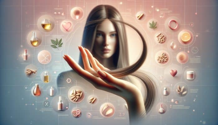 A hand gently holding a delicate hair strand, surrounded by nourishing oils and hair care products on a soft pastel background.