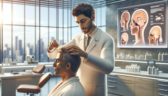 A dermatologist expertly applies minoxidil and prepares a PRP injection for effective treatment of weak hair in a clinical setting.