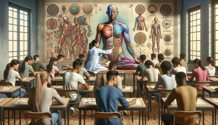 Students in a classroom engaged in acupuncture training, featuring anatomy charts and a mentor demonstrating techniques on a model.