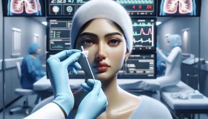 Medical professional applying Alcotip Pre-Injection Swab on patient's skin in hospital to prevent infection.