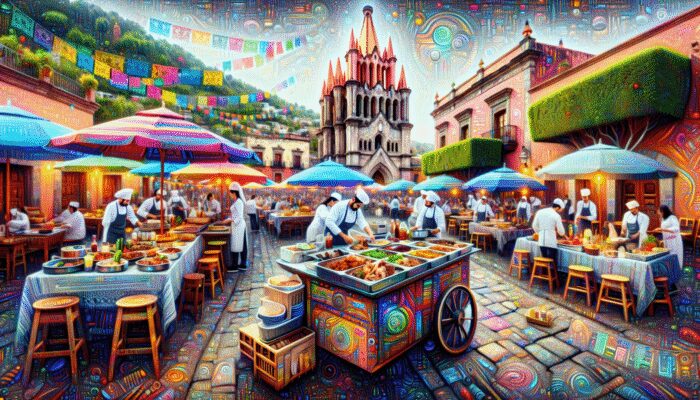 A vibrant culinary tour in San Miguel de Allende showcasing street food, gourmet dining, and cooking classes amidst festive celebrations.