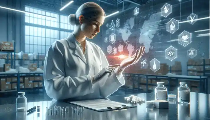 A healthcare professional assessing sterile gloves in a modern Ashford warehouse, surrounded by analysis charts and supplier logos.