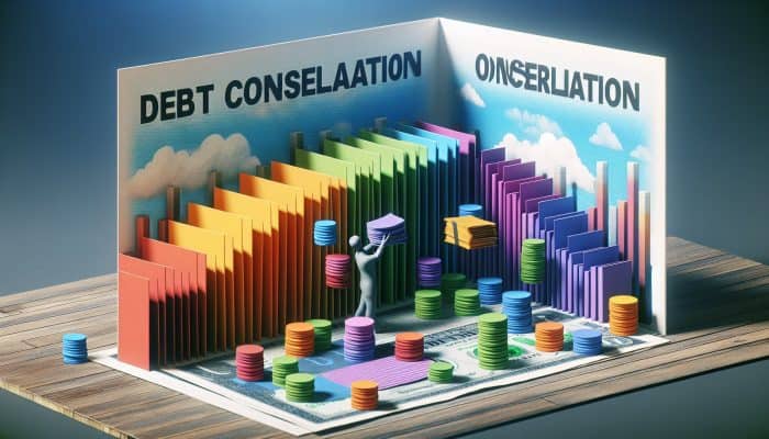 How to Negotiate with Debt Consolidation Lenders: UK Guide | DCL How to Negotiate with Debt Consolidation Lenders: A person consolidating colourful debt papers into one file, leading to a serene financial landscape.