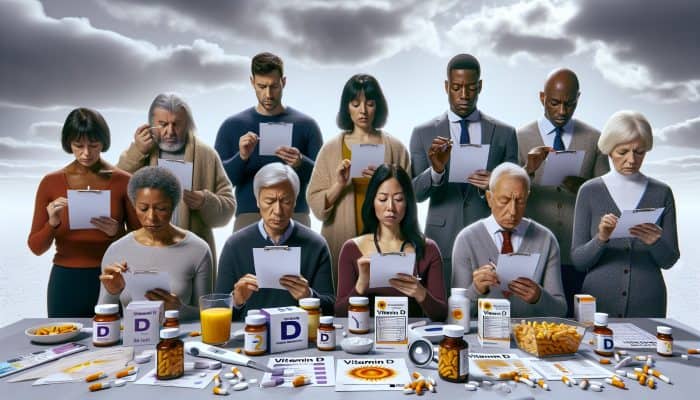 UK adults testing vitamin D levels at home during winter, surrounded by supplements and cloudy skies.