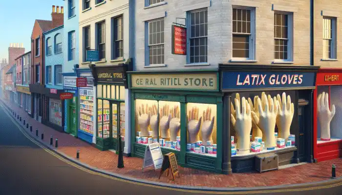Latex Gloves in Portsmouth: A bustling Portsmouth street featuring Boots and Lloyds Pharmacy showcasing various latex gloves to meet community needs.