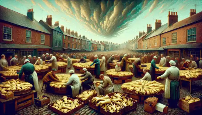 Portsmouth marketplace with vendors selling latex gloves, experts discussing, buyers examining under a cloudy sky.