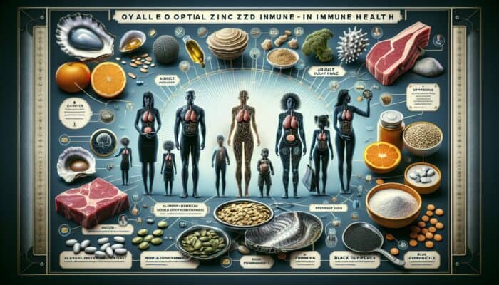 Infographic depicting zinc's role in immune health, optimal dosages for different demographics, and dietary sources.